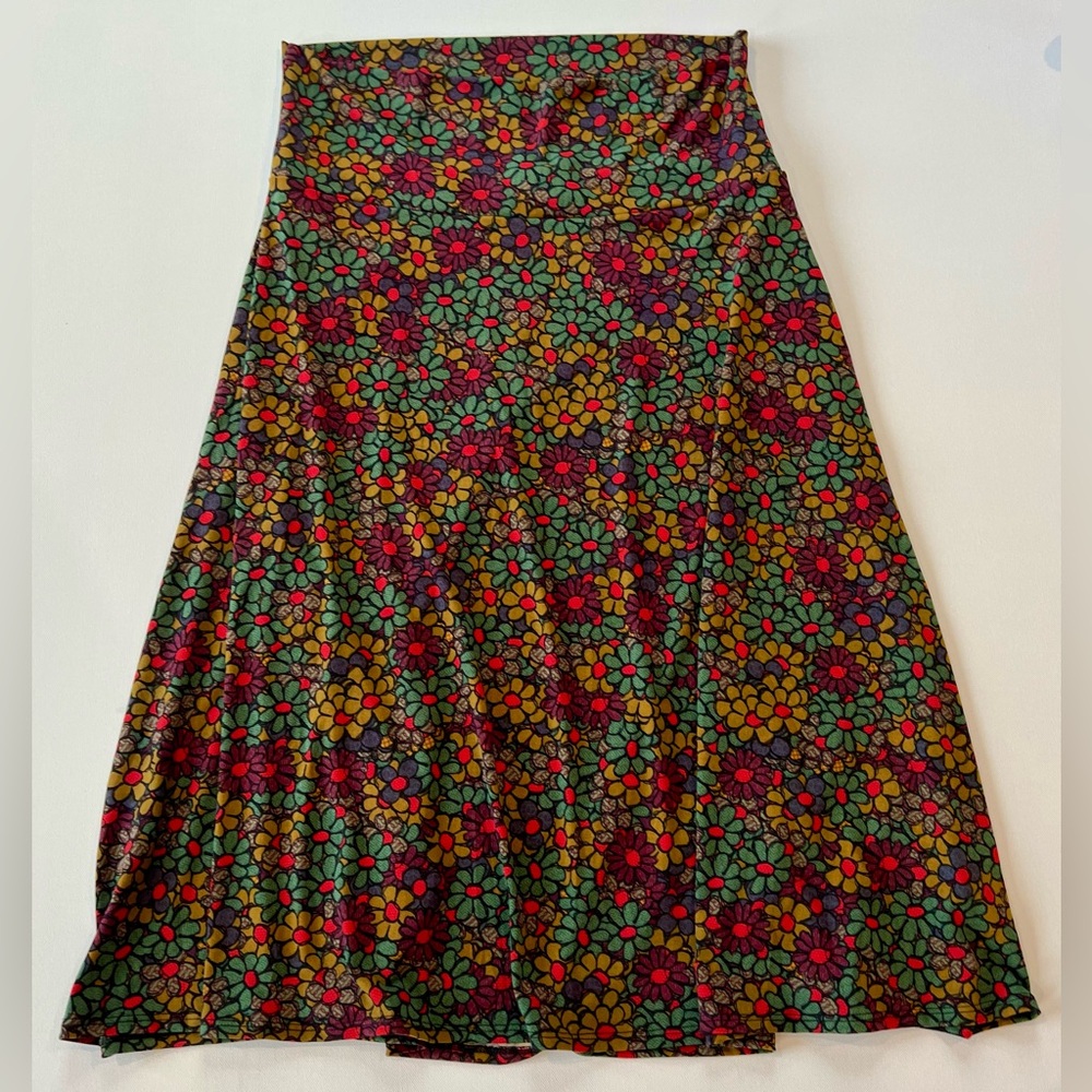 LuLaRoe Large Floral Midi Skirt Red Brown Green Women’s - Picture 3 of 8